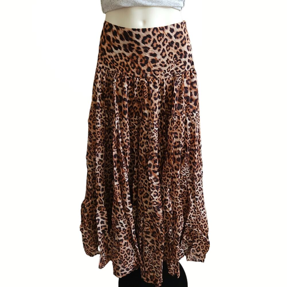 ERIKA PENA Ana boho tiered flowy maxi animal leopard print skirt Size XS NEW